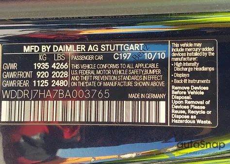 2011 Mercedes-Benz Sls Amg z USA, uszkodzony, nr VIN WDDRJ7HA7BA003765